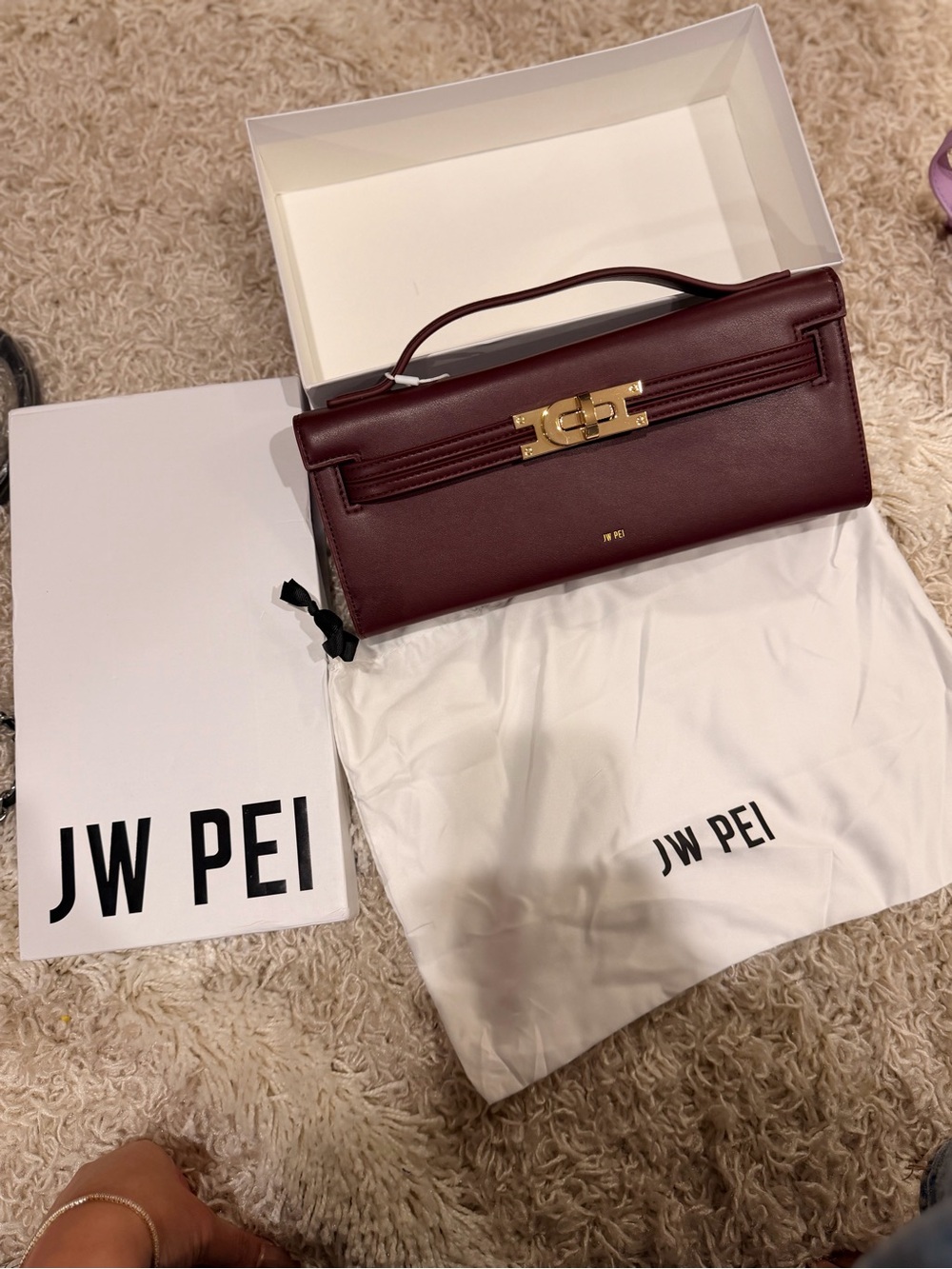 JW PEI Wine Leather Top-Handle Clutch with Gold Hardware